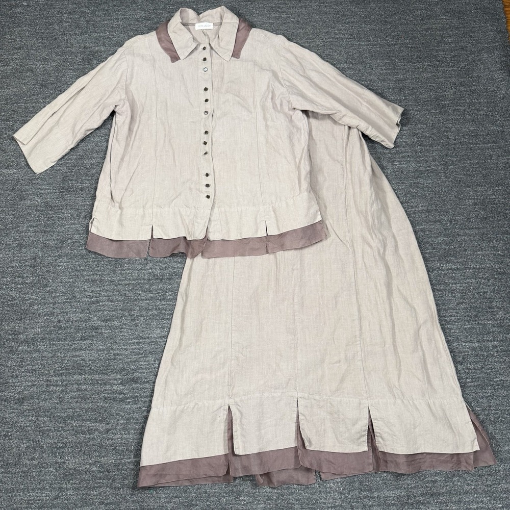 Krista Larson Linen Set Women One Size Beige Shirt Skirt Maxi Lagenlook USA
